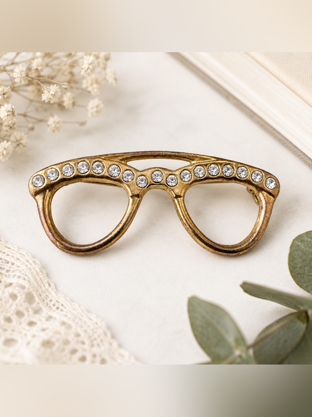 Vintage Rhinestone Eyeglasses Brooch Gold Tone Crystal Pin